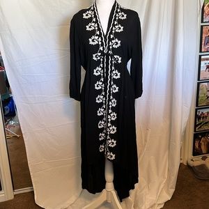 Blue Noir Black w/cream embroidered flowers high low hem large.